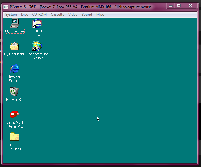 Windows 98 with a auto-hide taskbar feature (PCem version 15)