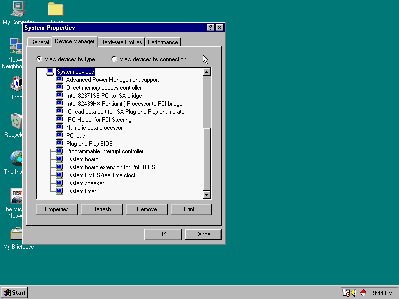 Windows 95 on ASUS P/I P55T2P4 showing PIIX3 PCI to ISA bridge and IDE controller as installed and working