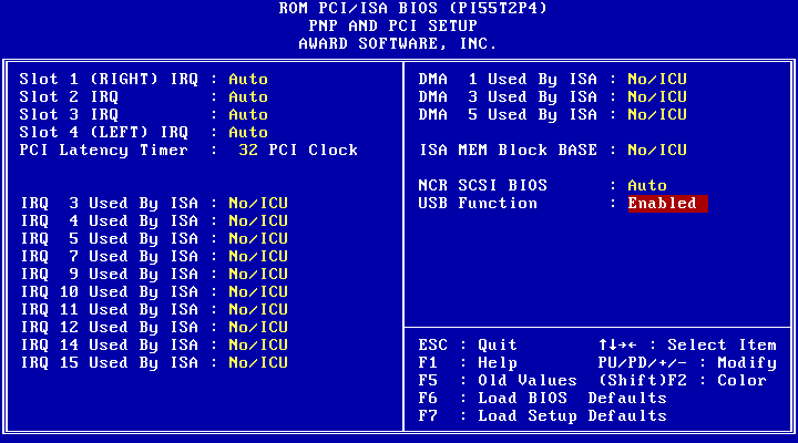 ASUS P/I P55T2P4 BIOS showing USB controller as enabled